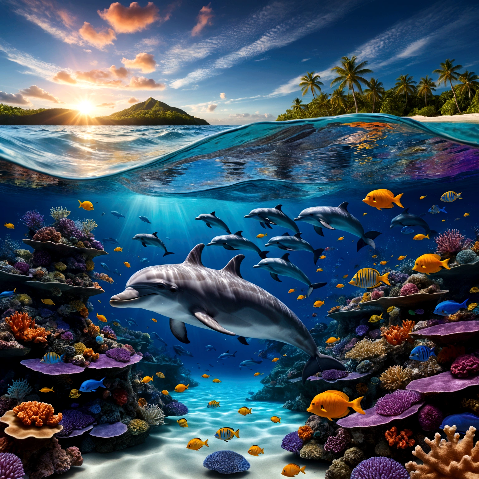 a surreal and fantastical image with the following elements: Setting: A beach with a surreal twist, where the ocean blends with a cosmic sky. Foreground: Vibrant coral reefs with detailed textures and various tropical fish swimming around. Transparent water near a woman, revealing bioluminescent algae and marine life. Midground: Dolphins swimming just below the surface, illuminated by sunlight filtering through the water. Background: A sky dominated by a massive cosmic eye, surrounded by swirling galactic patterns and luminous stars. Spiraling waves seamlessly blend into the cosmic sky. Colors: Dominant tones of blue, turquoise, and violet. Accents of yellow and orange from the tropical fish. Composition: The scene should guide the viewer’s gaze from the detailed coral reefs and marine life in the foreground, to the dolphins in the midground, and finally to the cosmic eye and swirling waves in the background. Use lines and patterns to naturally direct the viewer’s attention upwards. Atmosphere: Evoke a mystical and dreamlike atmosphere, blurring the boundaries between reality and imagination. Create a sense of depth and dimension with sharp details in the foreground and midground, and a slightly softer focus on the cosmic elements in the background.