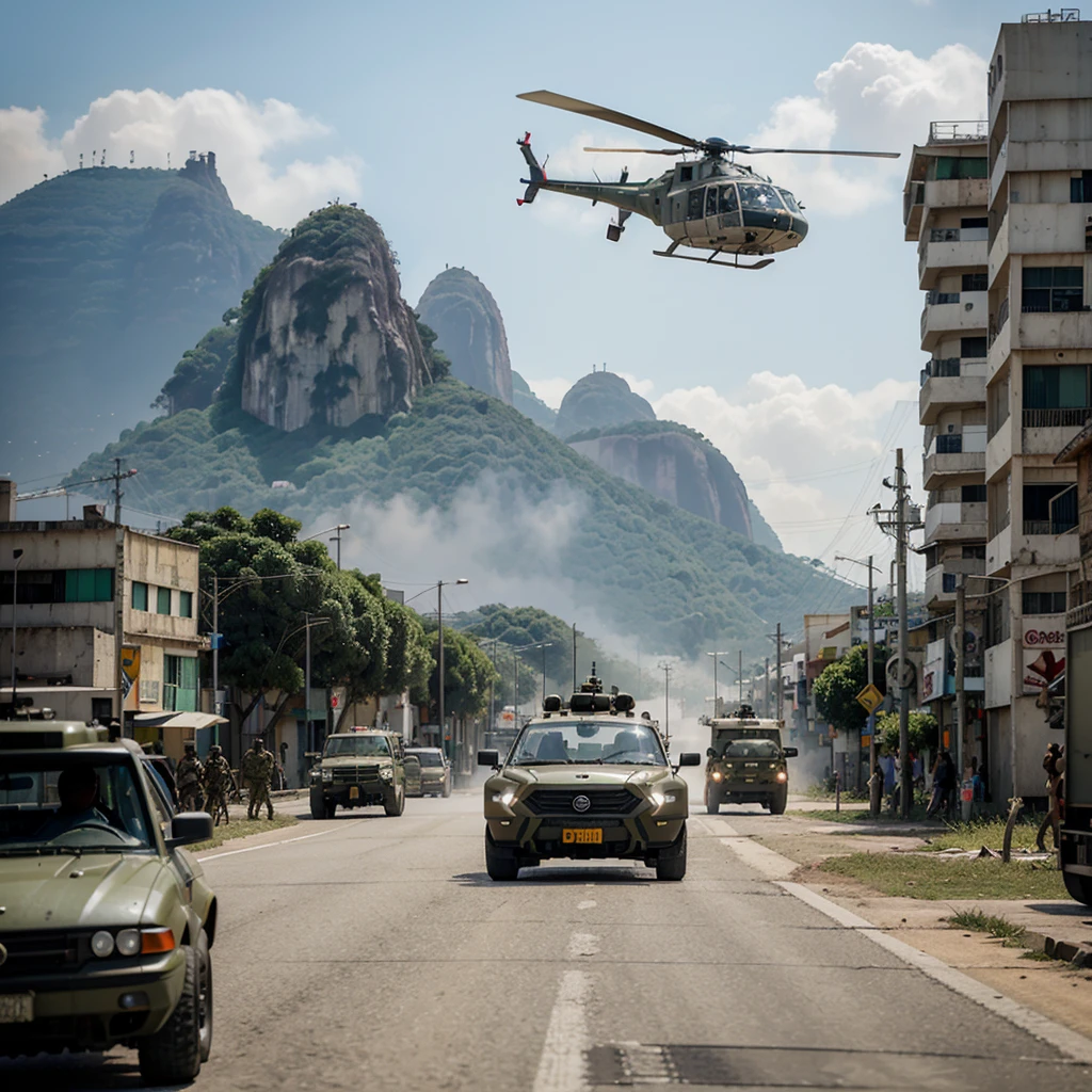 Various soldiers and helicopters, and futuristic military vehicles evacuating civilians from post-apocalypse Rio de Janeiro