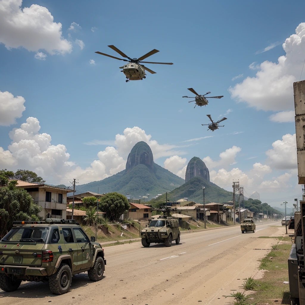 Various soldiers and helicopters, and futuristic military vehicles evacuating civilians from post-apocalypse Rio de Janeiro