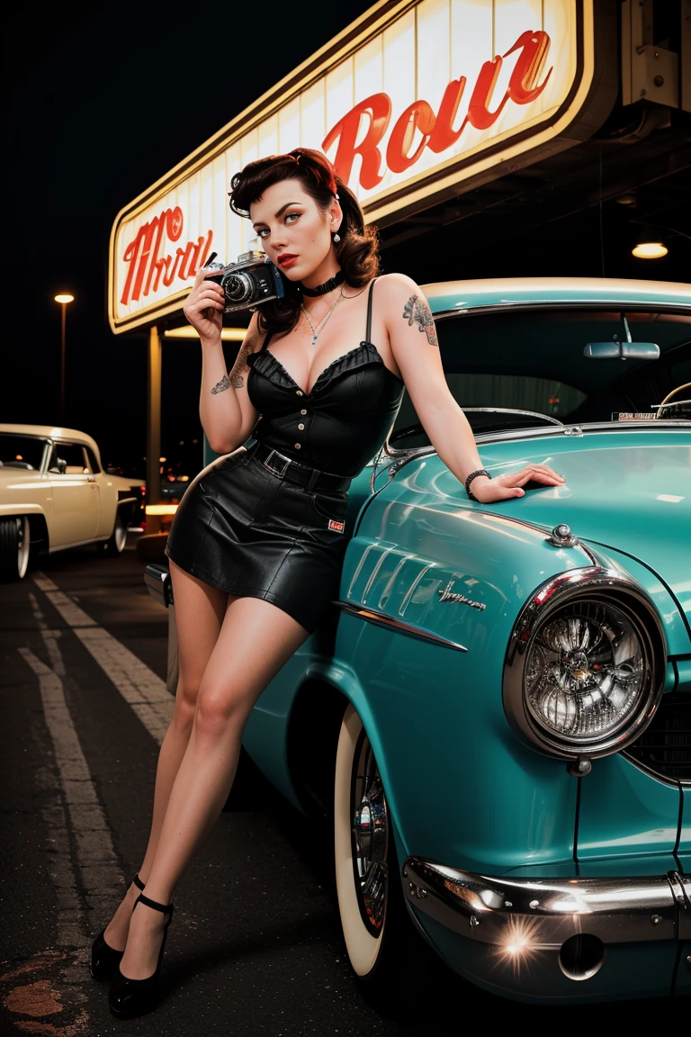 a hyper-realistic photograph of a beautiful rockabilly pin-up model leaning against a hot rod car in the parking lot of a 50s-style diner, with an interesting camera angle and perspective, volumetric lighting, Depth of field, professional photo session, cinematic lighting. details Intricate, lifelike textures, dynamic pose