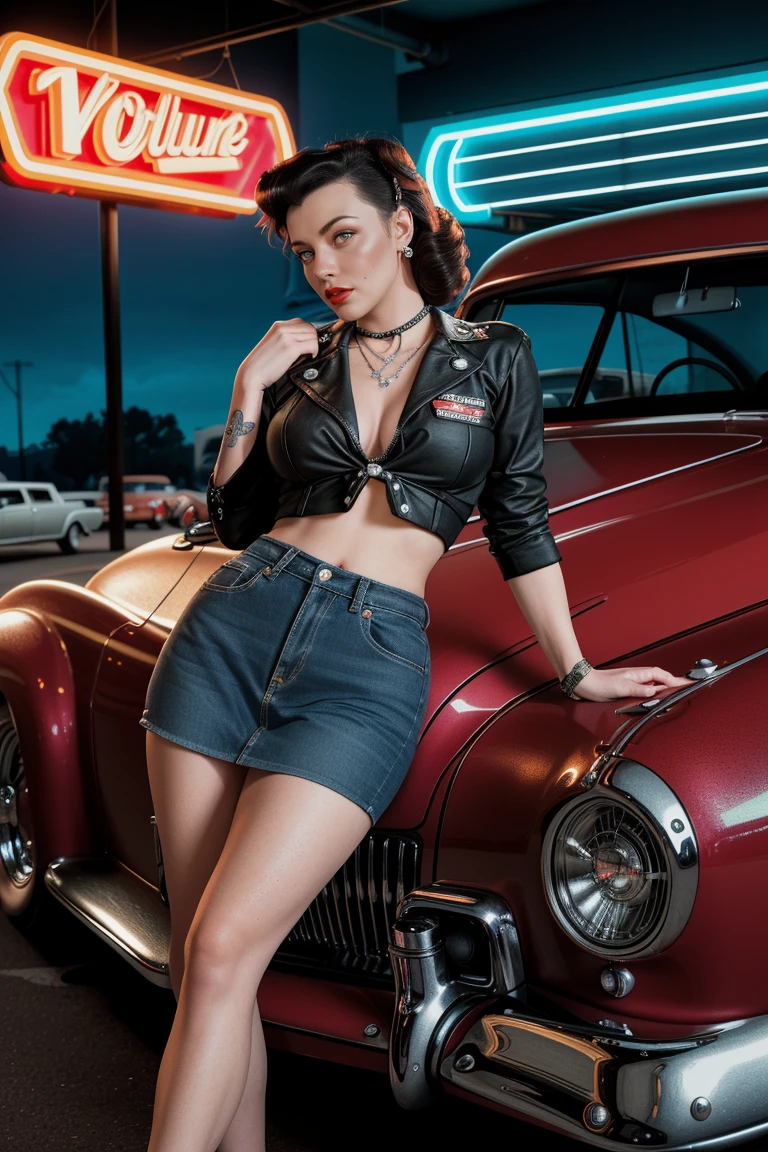 a hyper-realistic photograph of a beautiful rockabilly pin-up model leaning against a hot rod car in the parking lot of a 50s-style diner, with an interesting camera angle and perspective, volumetric lighting, Depth of field, professional photo session, cinematic lighting. details Intricate, lifelike textures, dynamic pose