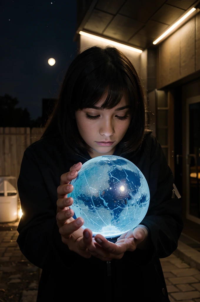 A girl launches a ball of life into the sky at night