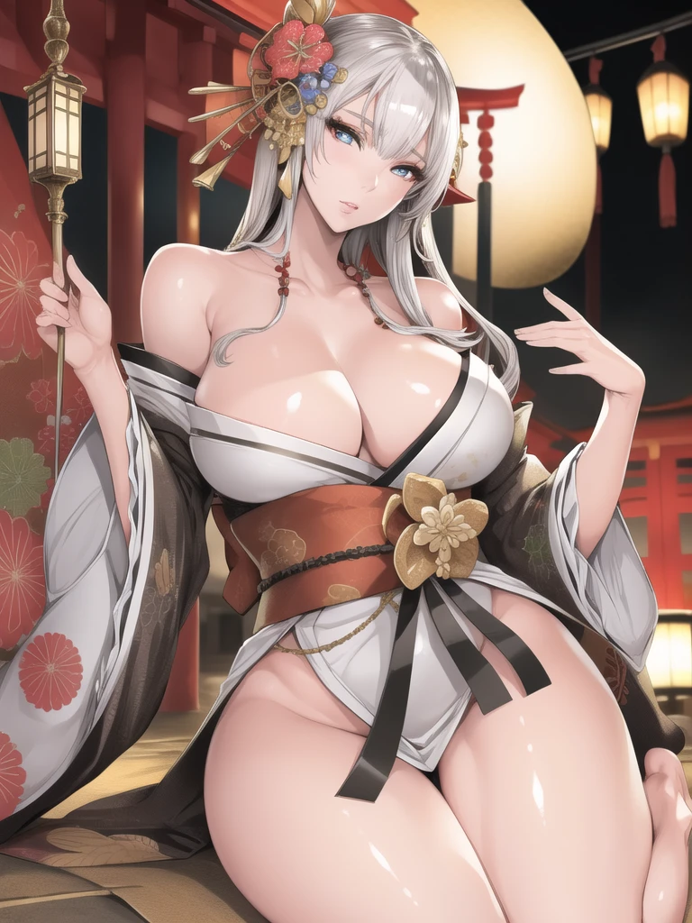 best quality,masterpiece, high res,original, beautiful detailed eyes,ultra-detailed, perfect anatomy,
1girl, solo, full body,
japanese clothes, kimono, white and black kimono,
large breasts, wide hip, mature female,
glamorous body, slender body,
perfect lighting,Colorful, Bright_Front_face_Lighting, shiny skin,
(beautiful_face:1.5),
