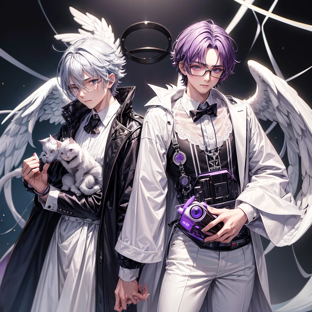 man aged 20, 1,90 tall, Angel Half Demon, wear glasses, purple eye color, offwhite, with a kitten robot next to it, usa um casaco preto com detalhe offwhite com o símbolo ômega