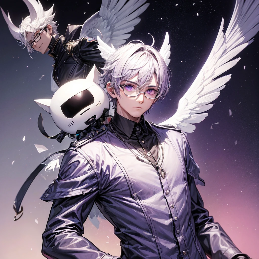 man aged 20, 1,90 tall, Angel Half Demon, wear glasses, purple eye color, offwhite, with a kitten robot next to it, usa um casaco preto com detalhe offwhite com o símbolo ômega