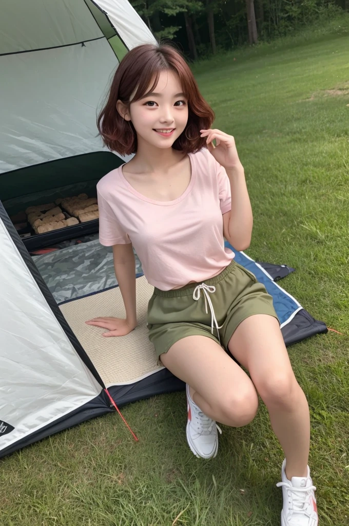 すっぴん、Camping tent, junior high school third grade, ((full body)), ((photo)), ((best qualtiy, 8K, tmasterpiece:1.3)), Focus:1.2, perfect figure beautiful child:1.4, 1, cowboy shot, look at viewer, eyes facing the camera, incredibly absurd, beautiful and cute with a photorealistic face, showcasing top-quality craftsmanship, A Japanese girl gazing at the campfire at a campsite, 15 years old, short hair, wavy and shiny, crimson hair, big eyes, long eyelashes, smiling face, white teeth, round face, small nose, smooth skin, fair skin, red lips, pink cheeks, lively expression, , delicate, well-balanced proportions, slim, 155cm tall, thin limbs, small A-cup breasts, khaki T-shirt, camouflage shorts, sneakers, beautiful girl, younger sister attributes, active, sociable, cheerful, optimistic, brave, curious, August
