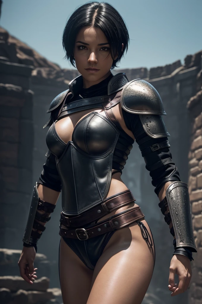 A beautiful female rogue, short black hair, Dungeons and Dragons aesthetic, (((skimpy sexy leather armour))), slim and athletic, high detail face, high detail skin, 8, HDR, high resolution, photo-realistic, cinematic lighting, depth of field, bokeh, rim lighting, backlit, cool colours, night
