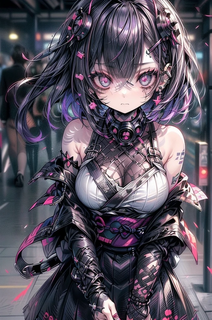 straight hair Punk girl.Tattoo, Headphones, 🎧, Goth_punk, One Girl, Medium Shot, ((Little devil outfittheme:1.2)), Out of focus Depth of field,Rainbow Eyes, (Purple hair), Lots of earrings, Labret, Facial piercing, bangs, mask, blunt bangs, Blurred background,Short Hair, Portraiture, Side Look, Goth, (masterpiece), (beautiful),  (high quality), (beautiful clothes),  (Feminine features), (16 years old), 1 female,  ( Well shaped and large breasts:1.4),  (Resistance facial expression), ((Resistance、Sulky face)), (kimono punk rock coordination:1.2), ((Short 髪)), ( purple hair), (Spiky Hair), (Thick 髪), Matte shine hair, (Whitening skin),（Devil design bag） (PUNK STYLE TANK TOP:1.2), (Punk Style Kimono Skirt:1.2),  ((Urban Background)), (Close-up shot), （Odd Eye、shiny eye、Random color eyes、Galaxy Eye:1.5）Beautiful hands, Two Arms, Complete Hand,BREAK.（Summer festivities:1.5）(dynamic camera lens:1.3)