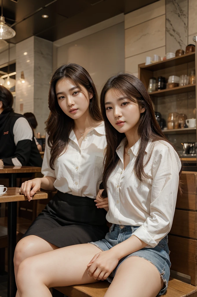Photography full body, Beautiful korean woman and handsome korean guy sitting on lap, café background that looks real and detailed, 4k resolution