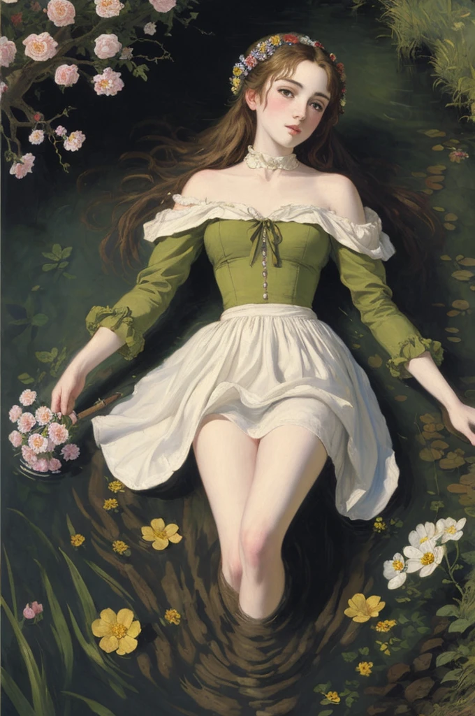 ((best quality)), ((masterpiece)), (detailed), Ophelia, by painter John Everett Millais, a girl lying on a river bed, a lot of flowers, beauty, anime style