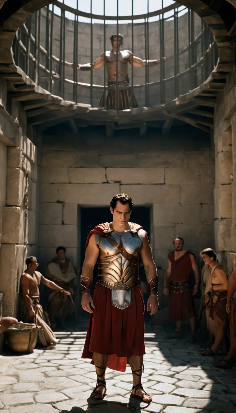 arafed man in a roman costume standing in a prison, in screenshot from the 300 movie, the the man is wrapped in chains, henry cavill as a greek god, 8 k movie still, henry cavill is a greek god, 300 the movie, inspired by Exekias, leading spartans into battle, film still from god of war