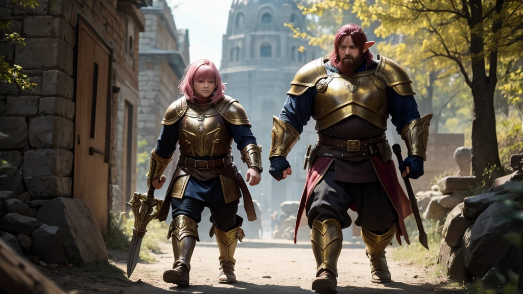 Large and strong soldier, covered in golden armor, with his head out, short hair with red bangs, holding a giant hammer and a shield, walking hand in hand with a 6 year old dwarf  girl, with pink hair and ears elf