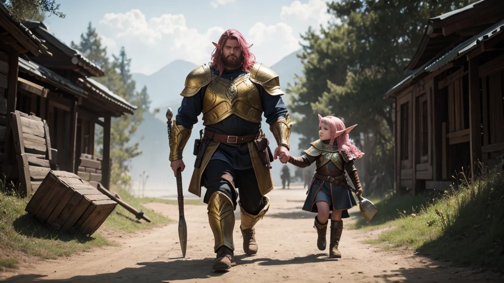 Large and strong soldier, covered in golden armor, with his head out, short hair with red bangs, holding a giant hammer and a shield, walking hand in hand with a 6 year old dwarf  girl, with pink hair and ears elf