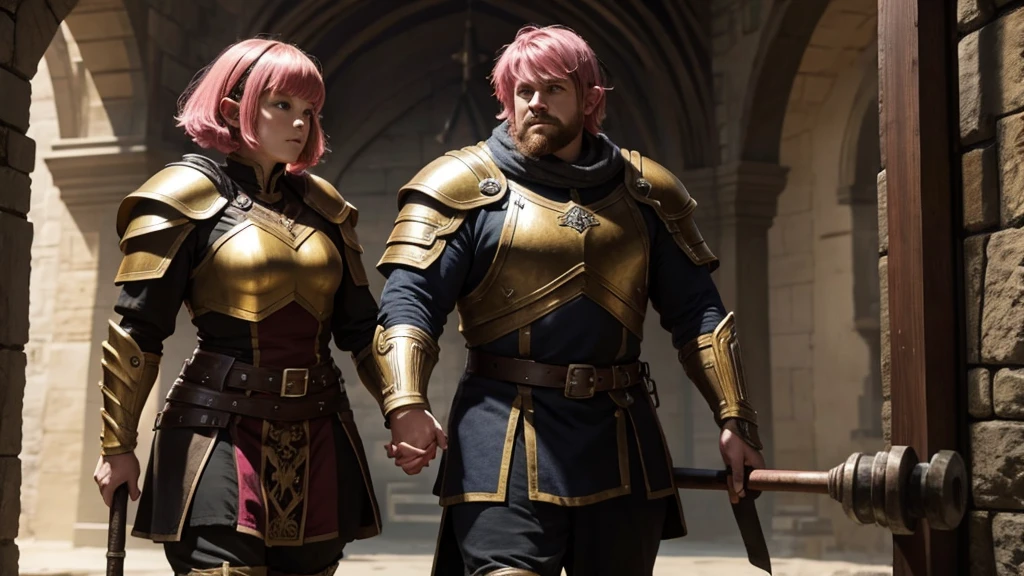 Large and strong soldier, covered in golden armor, with his head out, short hair with red bangs, holding a giant hammer and a shield, walking hand in hand with a 6  dwarf  girl, with pink hair and ears elf