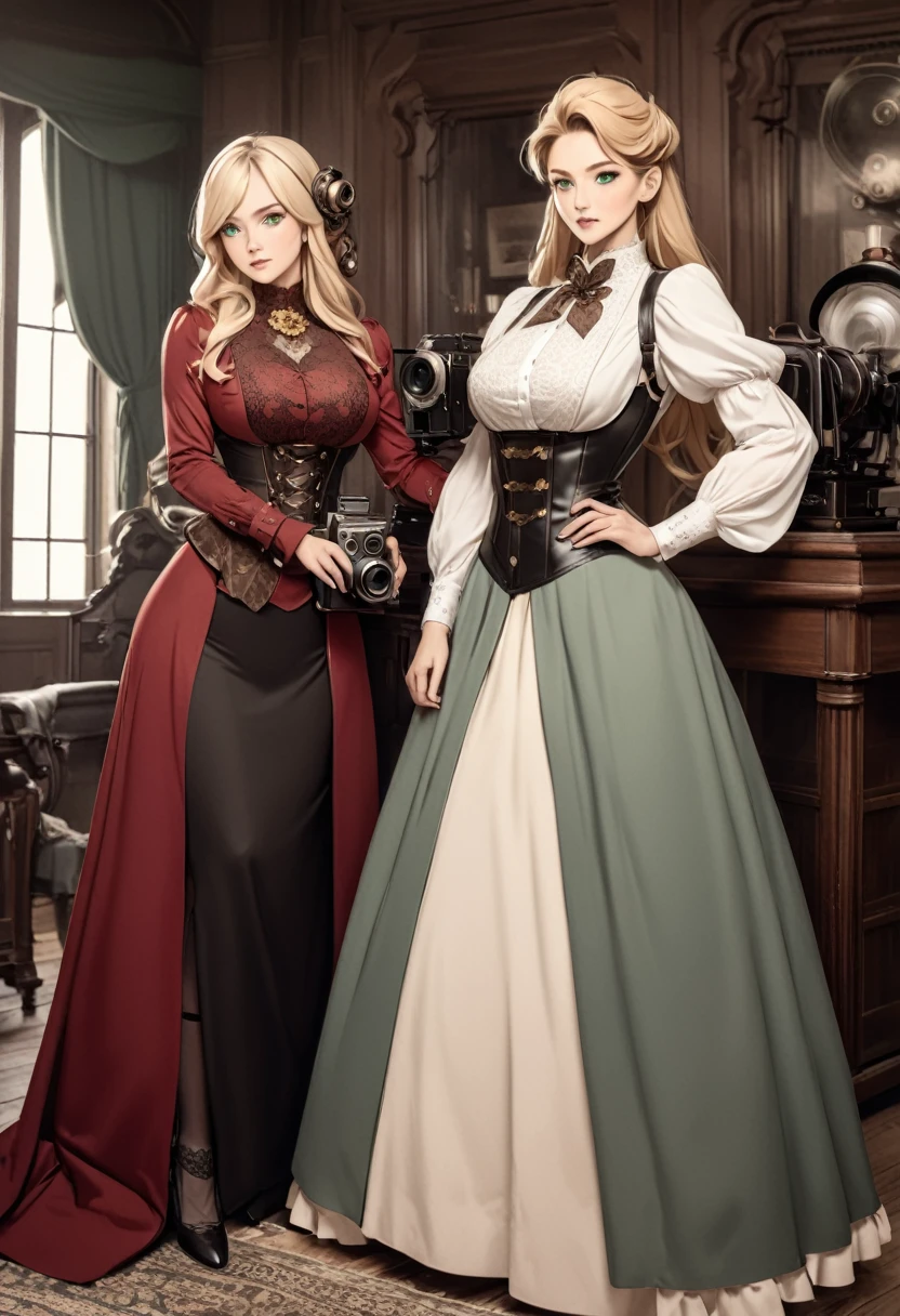 Sophisticated elf woman, steampunk, dress , in a country manor, muted colors, sephia filter, mature, well endowed bust, Victorian era, detailed eyes, well bred, refined lady in waiting, bare headed, long blond hair, emerald green eyes , long skirt, blouse, underbust corset, taller then camera, milf, leather corset, embroidery on clothes, matured woman, sexy, powerful, red clothes with gold accents 