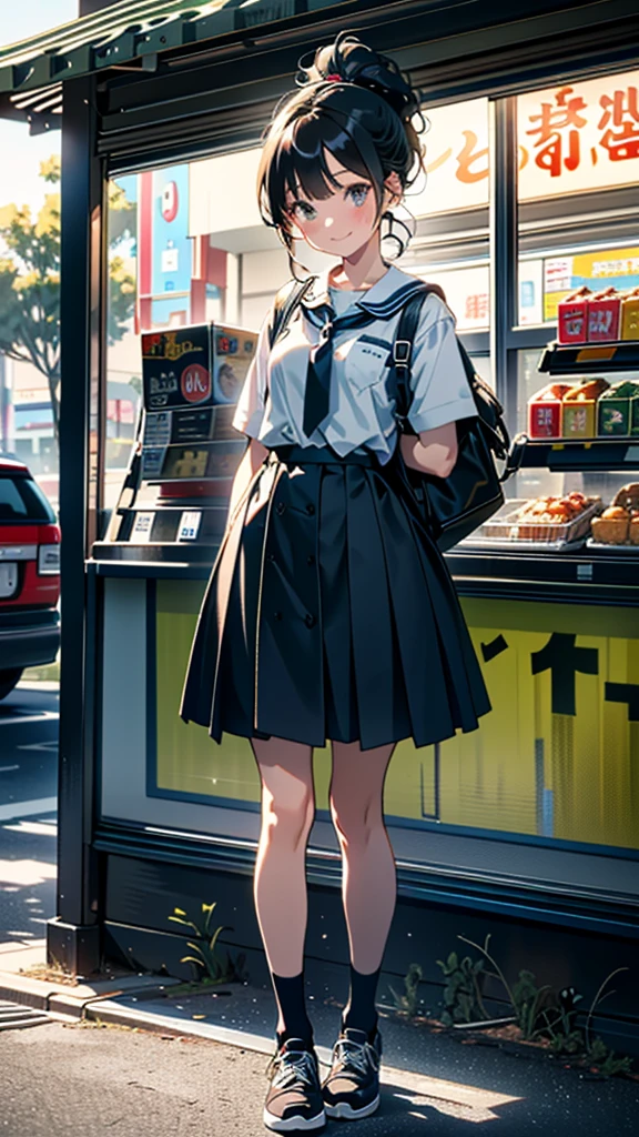 (8K, RAW Photos, 最high quality, masterpiece:1.2), high qualityのRAWカラー写真, Professional photo shoot, Cinematic Light, alone, (((young woman, Gal))), (Sharp features), (Small face), (Skin with attention to detail:1.2), clavicle, Cute face, Beautiful appearance, Long eyelashes,Girl Turning Around, smile, (Black Hair, Long straight line), High School Uniform, sneakers, Backpack, Night Park, Confident attitude, Capture the happy moment, Artistic painting,Attractive thighs, (A very fine touch:1.2),はにかんだsmile), Peaceful atmosphere, Oil painting style, Bright colors, (Are standing:1.5, Inside a convenience store, Full body portrait), Smooth texture, Gazing Eyes, Beautiful Skin, Shiny skin, ((Perfect Fingers, Five Fingers, Anatomically correct)), Background Blur, high quality, Surreal, ((Very detailed, photo shoot)),A large number of people、blush、plump、Black Hair、Tie-up hair、ponytail、