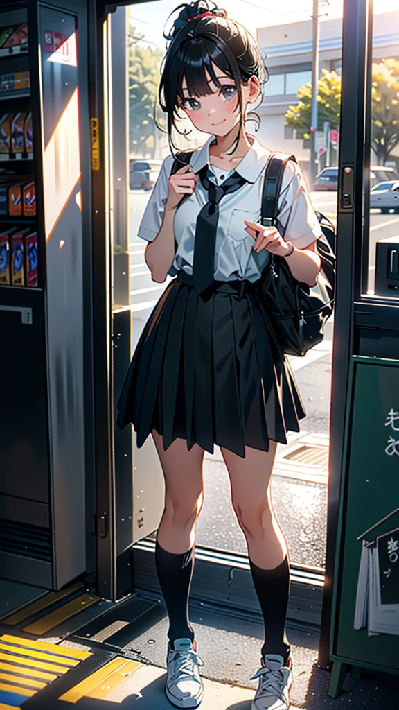 (8K, RAW Photos, 最high quality, masterpiece:1.2), high qualityのRAWカラー写真, Professional photo shoot, Cinematic Light, alone, (((young woman, Gal))), (Sharp features), (Small face), (Skin with attention to detail:1.2), clavicle, Cute face, Beautiful appearance, Long eyelashes,Girl Turning Around, smile, (Black Hair, Long straight line), High School Uniform, sneakers, Backpack, Night Park, Confident attitude, Capture the happy moment, Artistic painting,Attractive thighs, (A very fine touch:1.2),はにかんだsmile), Peaceful atmosphere, Oil painting style, Bright colors, (Are standing:1.5, Inside a convenience store, Full body portrait), Smooth texture, Gazing Eyes, Beautiful Skin, Shiny skin, ((Perfect Fingers, Five Fingers, Anatomically correct)), Background Blur, high quality, Surreal, ((Very detailed, photo shoot)),A large number of people、blush、plump、Black Hair、Tie-up hair、ponytail、