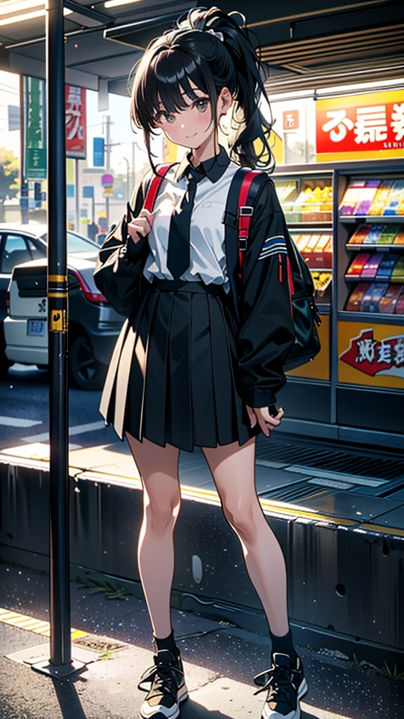 (8K, RAW Photos, 最high quality, masterpiece:1.2), high qualityのRAWカラー写真, Professional photo shoot, Cinematic Light, alone, (((young woman, Gal))), (Sharp features), (Small face), (Skin with attention to detail:1.2), clavicle, Cute face, Beautiful appearance, Long eyelashes,Girl Turning Around, smile, (Black Hair, Long straight line),  High School Uniform, sneakers, Backpack,  Night Park, Confident attitude, Capture the happy moment, Artistic painting,Attractive thighs, (A very fine touch:1.2),はにかんだsmile), Peaceful atmosphere, Oil painting style, Bright colors, (Are standing:1.5, Inside a convenience store, Full body portrait), Smooth texture, Gazing Eyes, Beautiful Skin, Shiny skin, ((Perfect Fingers, Five Fingers, Anatomically correct)), Background Blur, high quality, Surreal, ((Very detailed, photo shoot)),A large number of people、blush、plump、Black Hair、Tie-up hair、ponytail、
