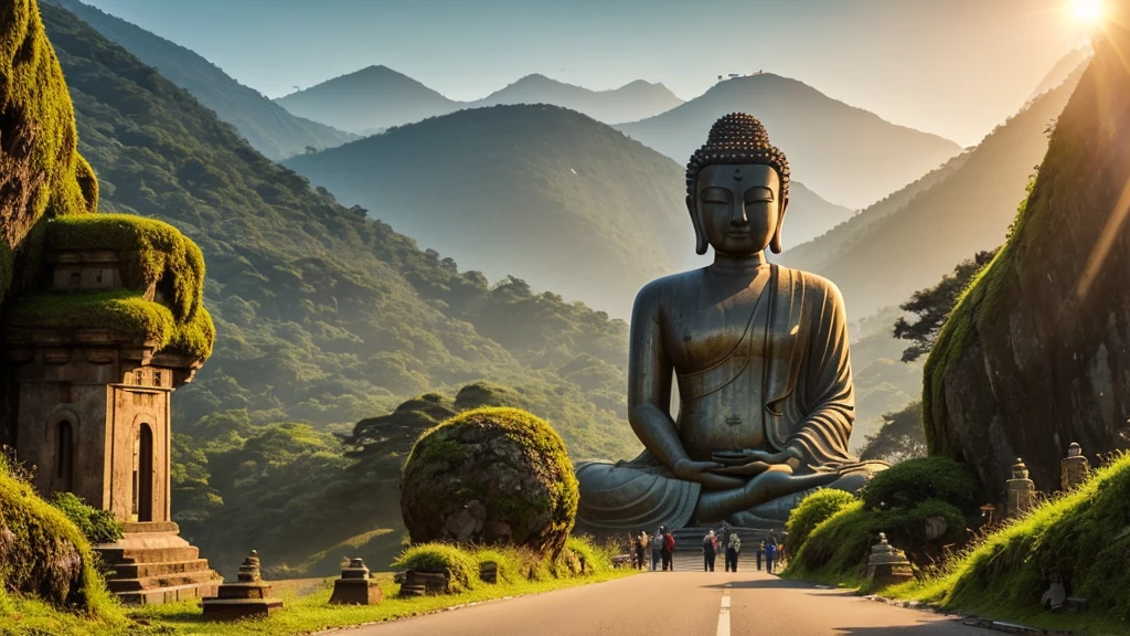 Big Buddha statue in the distance, Stone,mossy atmosphere, high goals, majestic, Sunlight background，pilgrims on the road,Sunset，Alien science fiction style