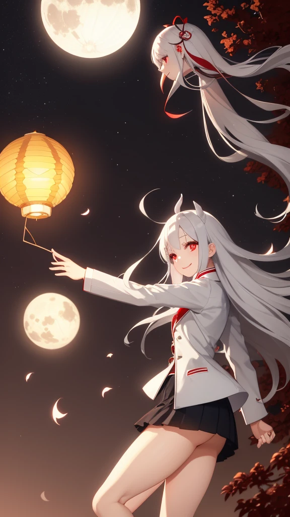 1 girl, silver hair, red eyes, white skin, smile, long hair, flying, floating in the air, short jacket, short skirt, holding a lantern, Chinese lantern, night, moon, blood