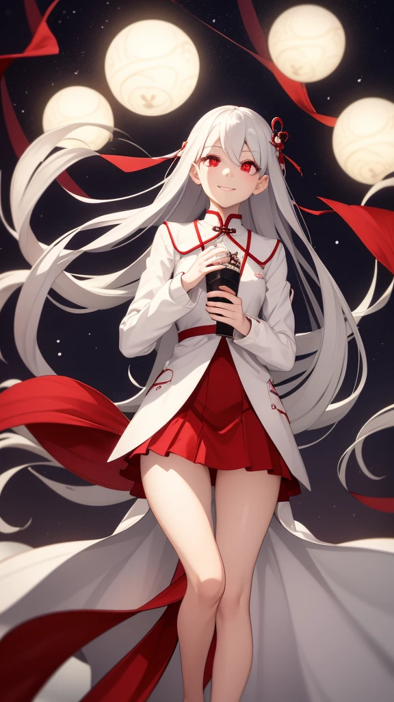 1 girl, silver hair, red eyes, white skin, smile, long hair, flying, floating in the air, short jacket, short skirt, holding a lantern, Chinese lantern, night, moon, blood