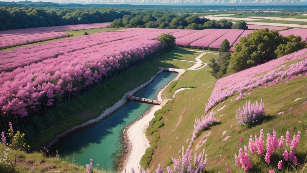 Pink vegetation,Overlook from above,Big scene, best quality. 8K Ultra HD