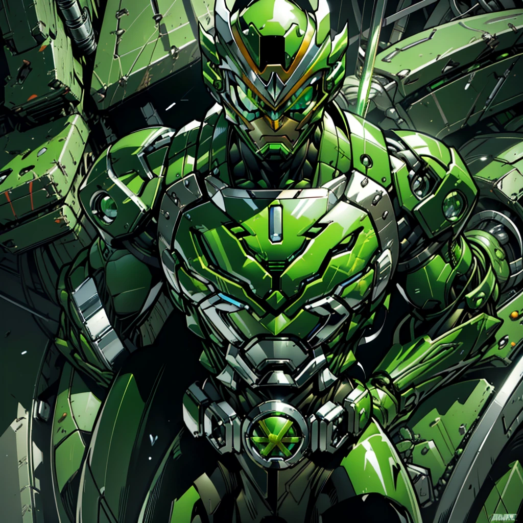 Handsome man, made of Green metal, (Green Cyborg: 1.1), (((Green Power Ranger's style helmet with chrome face plate))), ([Tail | Detail Wire]: 1.3), (Complex Detail), HDR, (Complex Detail, Ultra Detail: 1.2), Cinematic Shot, Masterpiece, Best Quality, High Resolution, Vaginal Foreign Object Insertion, Centering