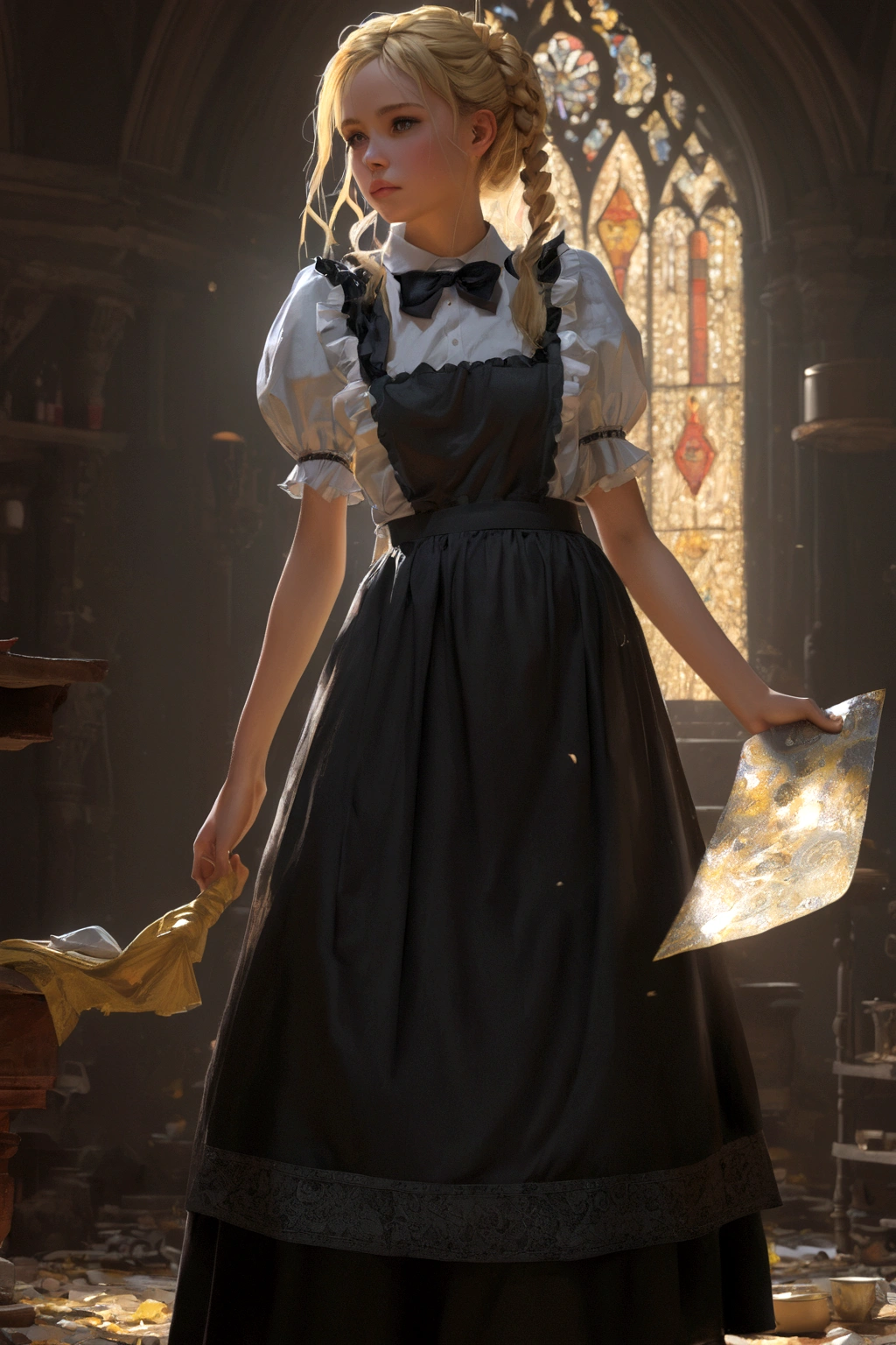 14-year-old girl in maid outfit with big breasts (Gothic style) torn skirt golden body proportion messy blond hair (inner splayed feet) (very detailed CG unity 8k wallpaper) big breasts torn skirt ruddy and shy Ed Blinkey America&#39;s most beautiful body art, ATey Ghailan, painting by Jeremy Professional Gorgeous Mann, Greg Manches, Antonio Moro, Artstation Trends, CGSOC IETY TRENDS, intricate, tall detailed, accurate, dramatic realism art, cg, 3d, 8k 4k