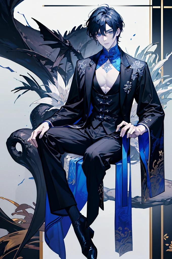 The man wore a black and white robe and had a dragon pattern on his tai chi. , Handsome like a villain,blue eyes,Bright theme , Prince of the family , Sit in the warrior's chair., Chinese Style