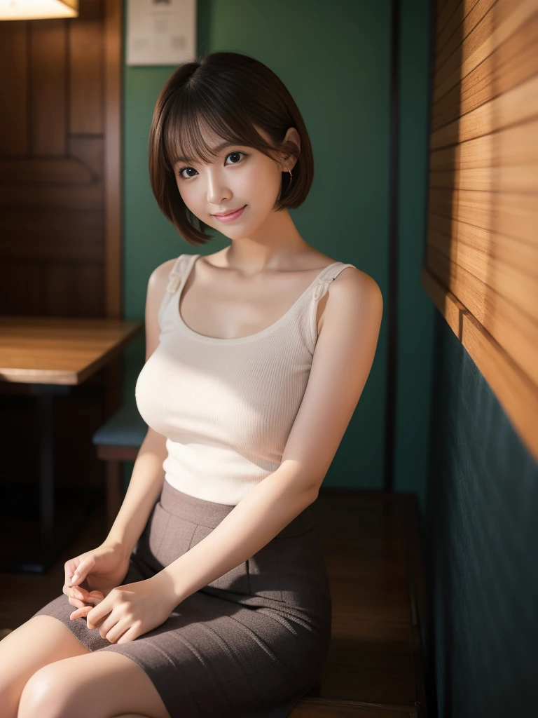 ((masterpiece))、((Highest quality))、photograph、reality、high resolution、Very detailed、Married women、40th generation、（Plump body）、Delicate features、short hair、Realistic background and accessories、Big and ample breasts、Sexy smile、（Private room at an izakaya、sit facing each other）、Open-neck short-sleeved knit、See-through、Tight mini skirt、((Dark Room))、((Indirect lighting only))、Deep Shadow、Zoom Shot、