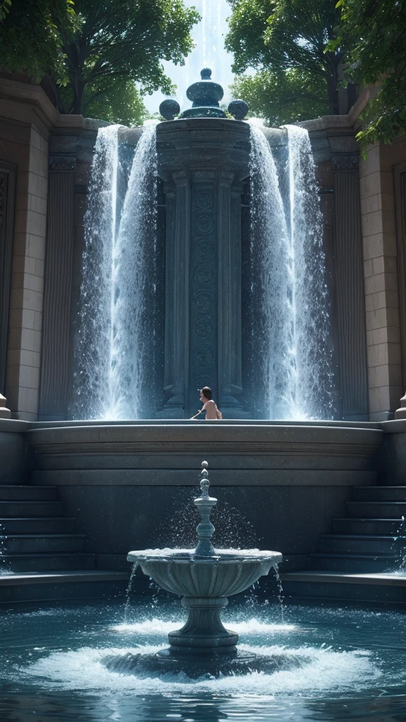 3d animation,motion, personality: The water in the fountain dancing and shimmering, forming intricate patterns in the air as Lily and Johnny look on in wonder. unreal engine, hyper real --q 2 --v 5.2 --ar