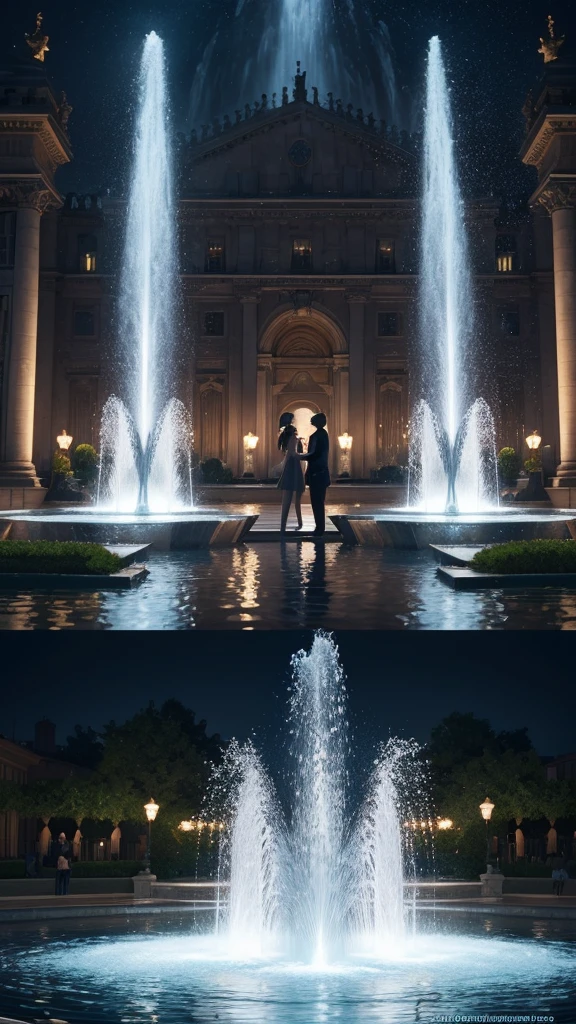 3d animation,motion, personality: The water in the fountain dancing and shimmering, forming intricate patterns in the air as Lily and Johnny look on in wonder. unreal engine, hyper real --q 2 --v 5.2 --ar