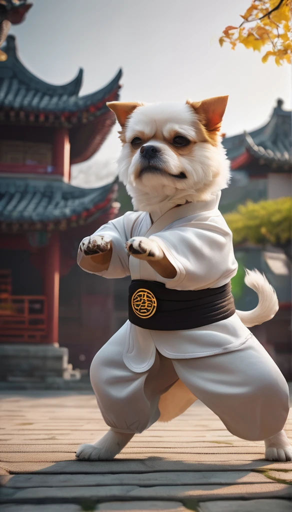 a Kung Fu dog dressed in martial costume，The dog is a teddy dog, The teddy dog is performing Chinese kung fu,The dog should appear skilled and confident in its movements,showcasing its martial arts prowess, a traditional Chinese garden background,to enhance the overall aesthetic,Use lighting an composition to highlight the dog’s agility and grace, capturing a moment that is both dynamic and visually striking, anthropomorphic, movie lighting,light and shade conteast,8k,best quality,super detail,3d art,c4d,The focal of length of the background is 50mm f2.8,octane render,ray tracing,Pixar trend,high details8k,studio lighting,8k, --ar 9:16 --iw 2 --v 5
