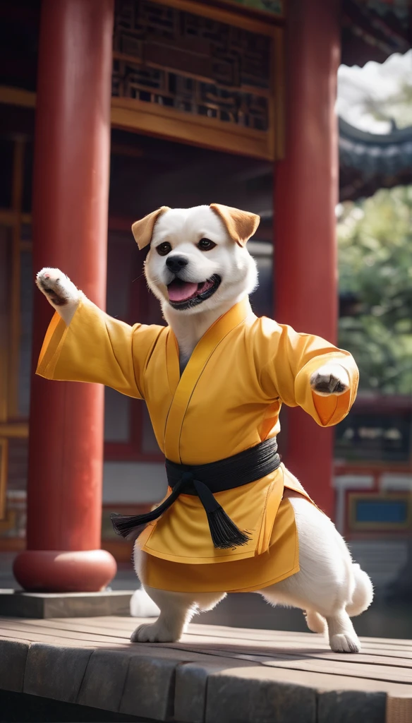 a Kung Fu dog dressed in martial costume,The dog is a teddy dog, The teddy dog is performing Chinese kung fu,The dog should appear skilled and confident in its movements,showcasing its martial arts prowess, a traditional Chinese garden background,to enhance the overall aesthetic,Use lighting an composition to highlight the dog’s agility and grace, capturing a moment that is both dynamic and visually striking, anthropomorphic, movie lighting,light and shade conteast,8k,best quality,super detail,3d art,c4d,The focal of length of the background is 50mm f2.8,octane render,ray tracing,Pixar trend,high details8k,studio lighting,8k, --ar 9:16 --iw 2 --v 5