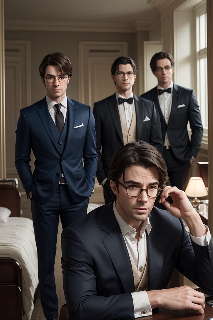 make a realistic image of Steve Rogers, Clark Kent and Damon Salvatore all in their thirties and wearing formal clothes, in the background a fancy hospital in New York.