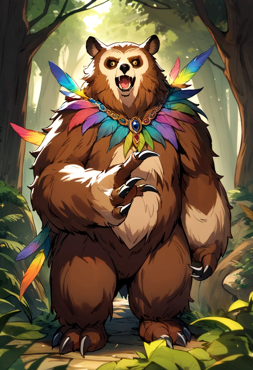 Owlbear, Fantasy Monster, Rainbow Feathers, Long Bear-Like Claws, Dungeons and Dragons, Forest Background, High Detail