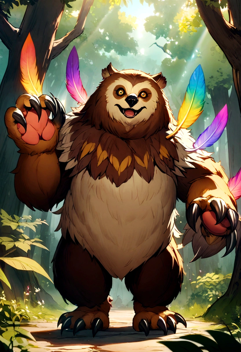 Owlbear, Fantasy Monster, Rainbow Feathers, Long Bear-Like Claws, Dungeons and Dragons, Forest Background, High Detail