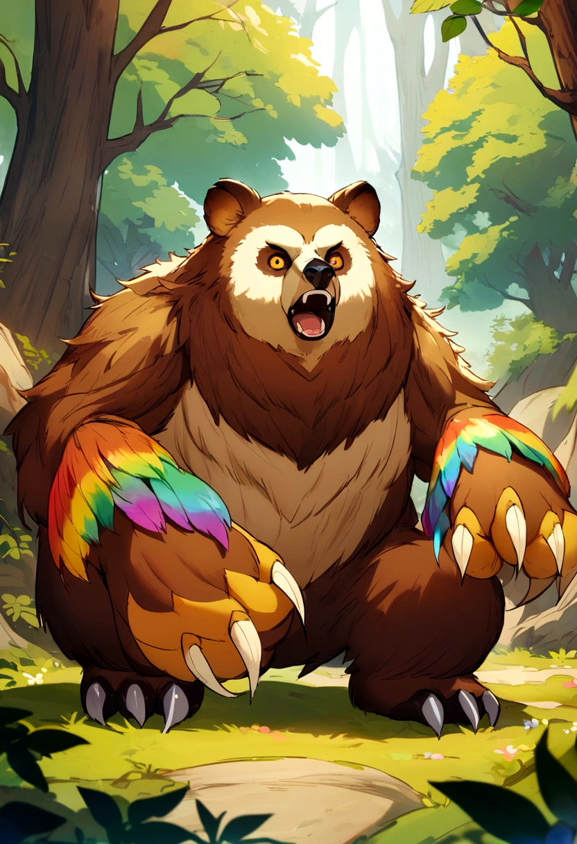 Owlbear, Fantasy Monster, Rainbow Feathers, Long Bear-Like Claws, Dungeons and Dragons, Forest Background, High Detail