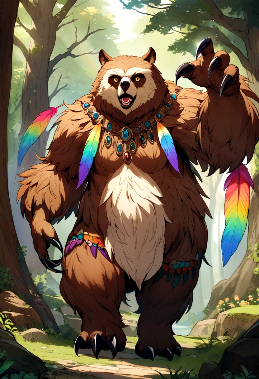 Owlbear, Fantasy Monster, Rainbow Feathers, Long Bear-Like Claws, Dungeons and Dragons, Forest Background, High Detail