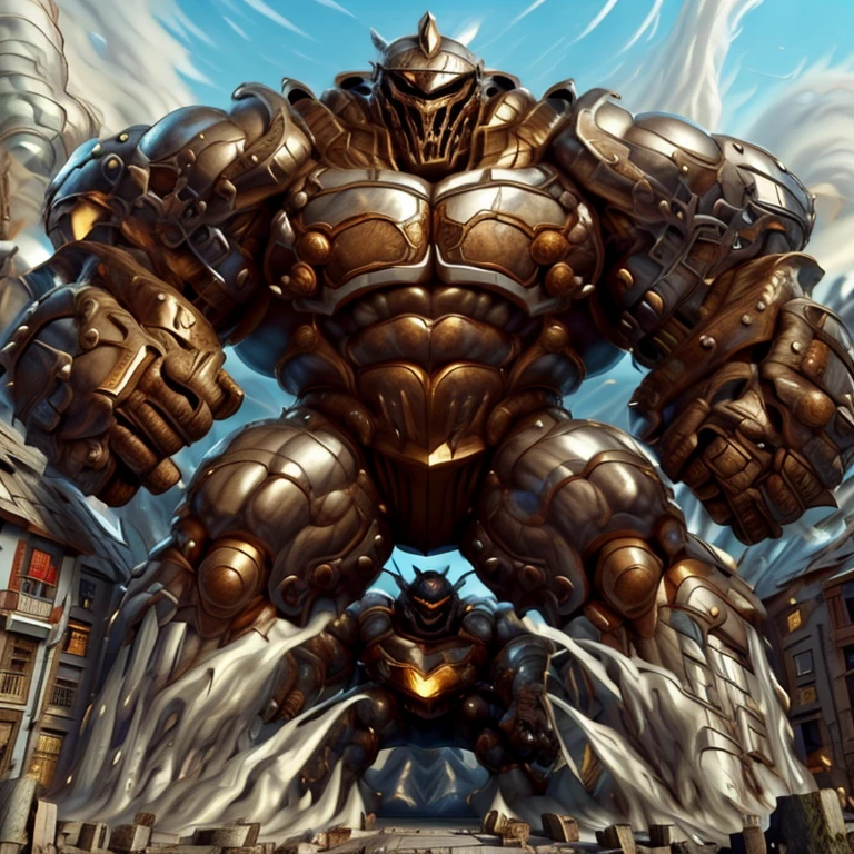 SOLO (masterpiece. official art. 8k. best quality. detailed full body. full body.)

(situation 1 : dominating Armored Flazzard. Armored Flazzard is over 1000 meters long. focus GIANT mechanical Muscular Armored Flazzard is trampling the city. Looking down. macro. stomp. Low-angle perspective. emphasizing the immense size.)

(situation 2 :smoke and flames rising from the destruction in the city)

(Additional details 1: real texture material. whole body shines like metal. emphasizes the muscles. suit fully made of metal.).

(Additional details 2: Detailed head. Detailed Body. Detailed abs. gigantic muscles. HYPER MUSCLES. Gigachad Muscular. big muscle. pecs. triceps. traps. unusually developed muscular body. body full of huge muscles. showing off muscles. pectorales enormes. Exaggeratedly huge muscles. huge muscles. long legs.).
his back he wears a golden cloak.