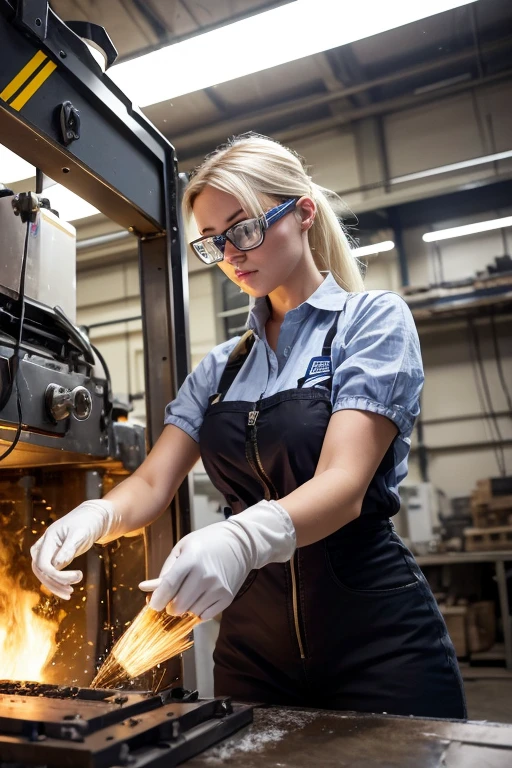 1 American white girl, gloves、blonde hair, Safety Protective Glasses、A female worker operates an old hydraulic injection molding machine to derive molding conditions. cowboy shot,