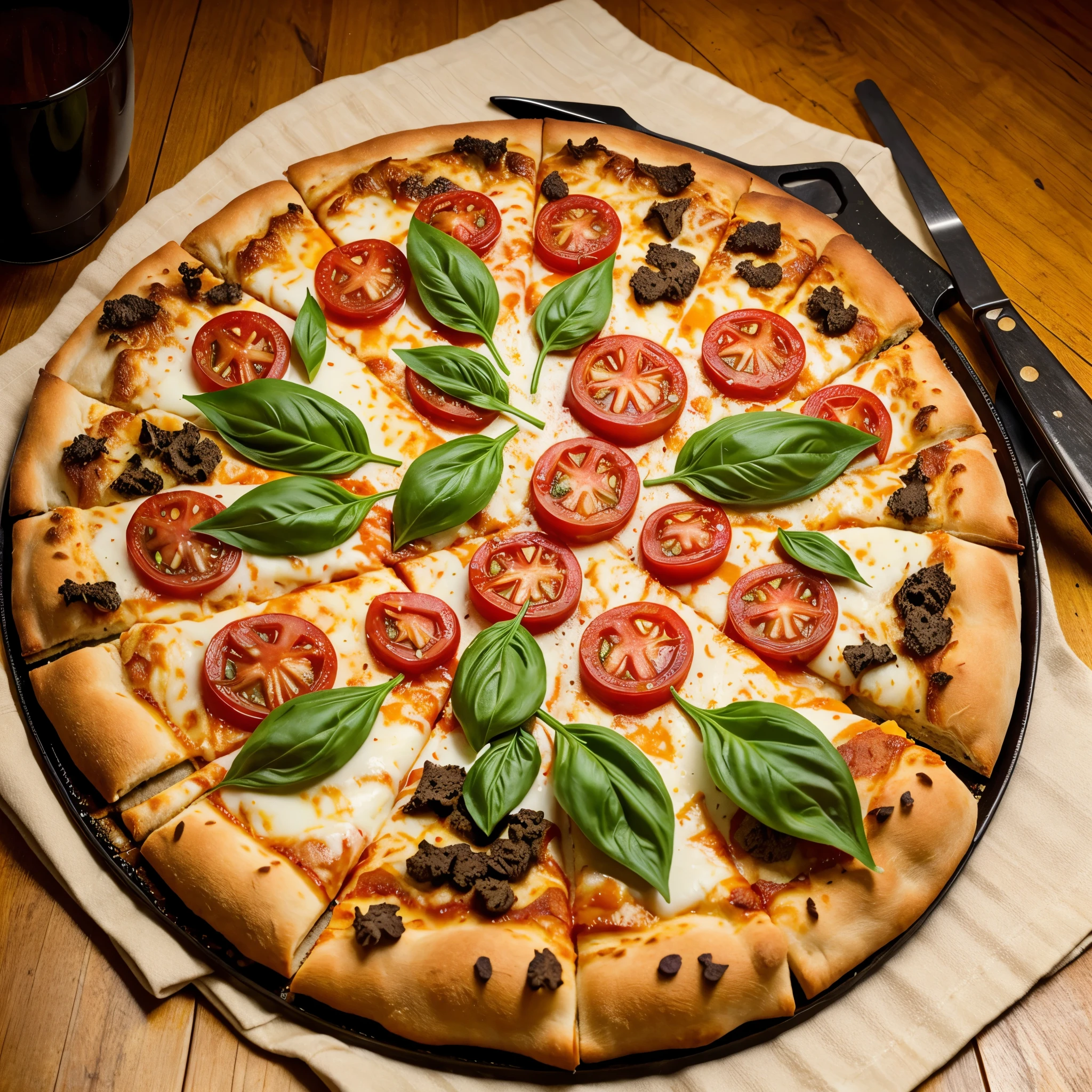 100000 $ luxury cheese pizza, thick crust, melted mozzarella cheese, fresh tomato sauce, basil leaves, drizzled with truffle oil, golden crust, steam rising, professional food photography, 8k, high resolution, hyper realistic, photorealistic, dramatic lighting, cinematic, studio lighting