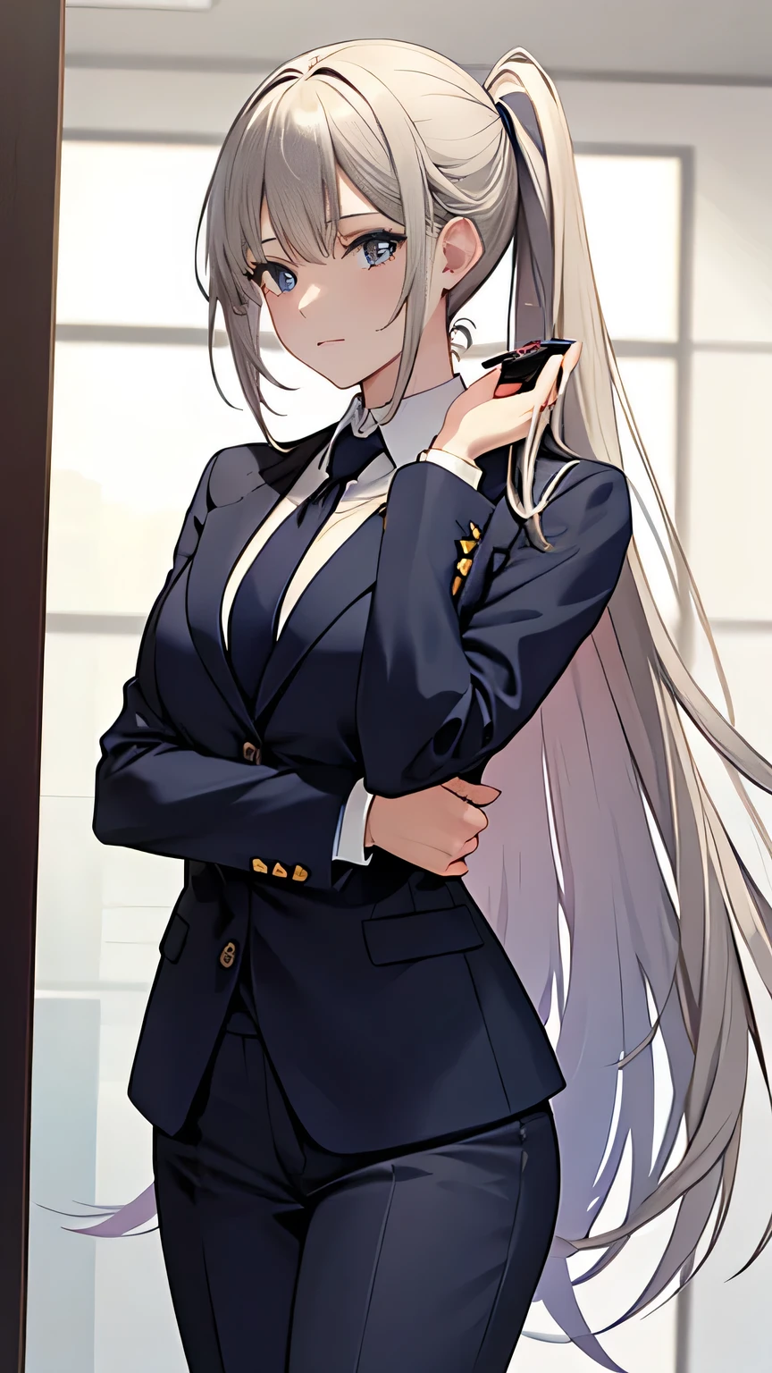((masterpiece)), (textured skin), ((high details)), best quality, award winning, 8k, ((beautiful woman)), beautiful lady in male clothing, (gray suit, navy tie), white shirt, ((three-piece suit)), blonde hair, very long hair, straight hair, hair spread out, floating hair, at revenue, Business person, consultant, ((Brush her hair up))