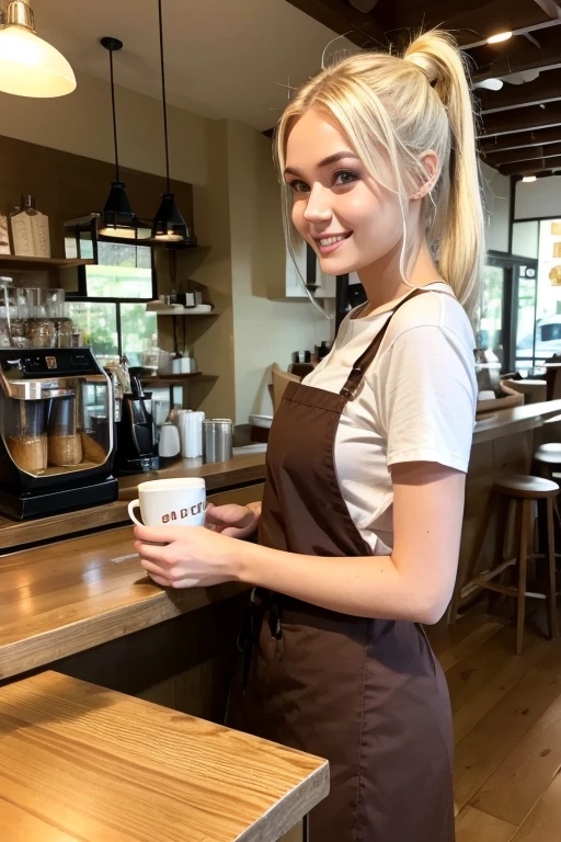 <lora:Uva:.7>, blonde hair, brown eyes, ponytail, apron, black shirt, rolled sleeves, looking at viewer, smiling, medium shot, standing, inside cafe, behind counter, barista, warm ambiance, high quality, masterpiece,