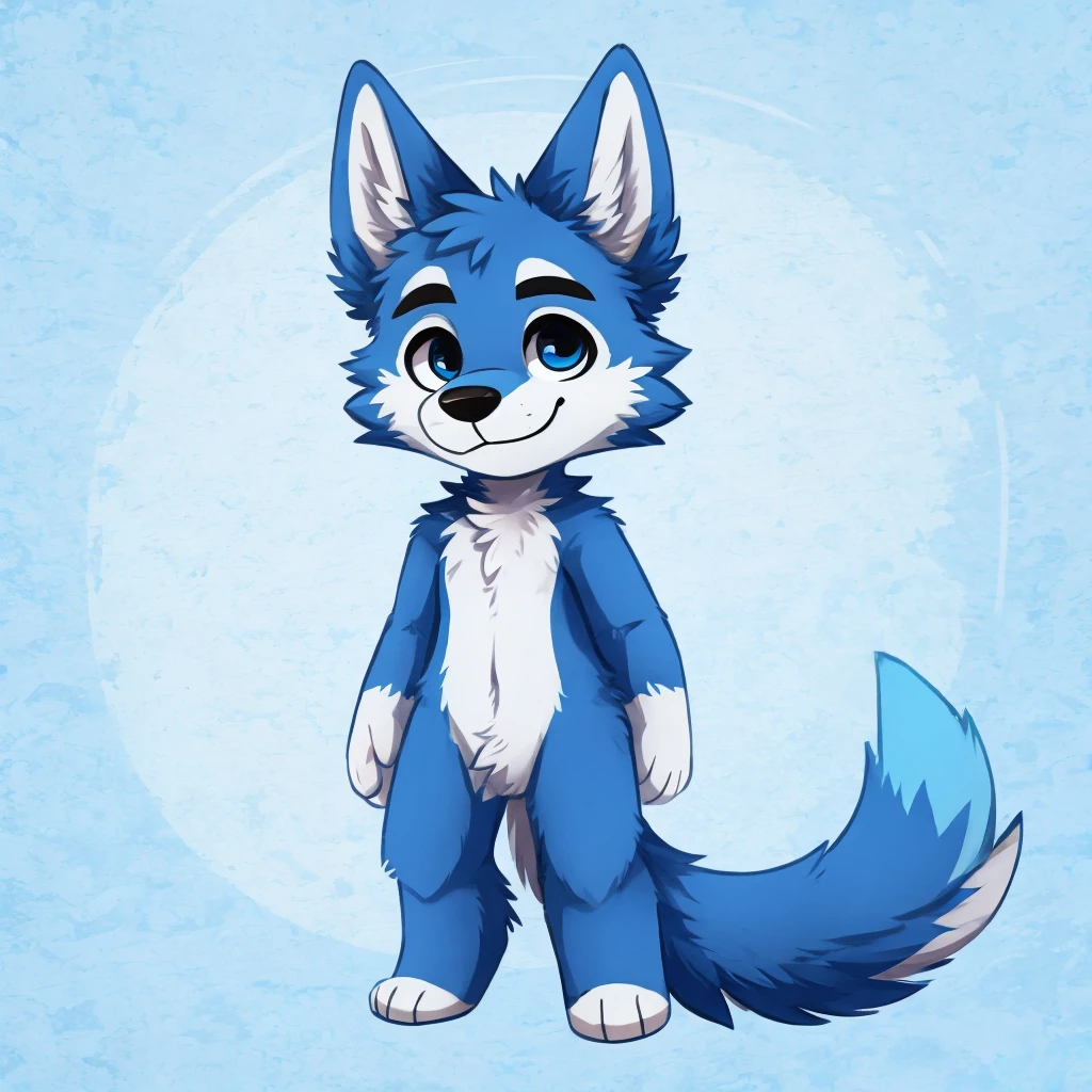 a cute and anthropomorphic blue colored fur wolf, closed smile, high quality furry art, chibi style, high quality fursona ref.