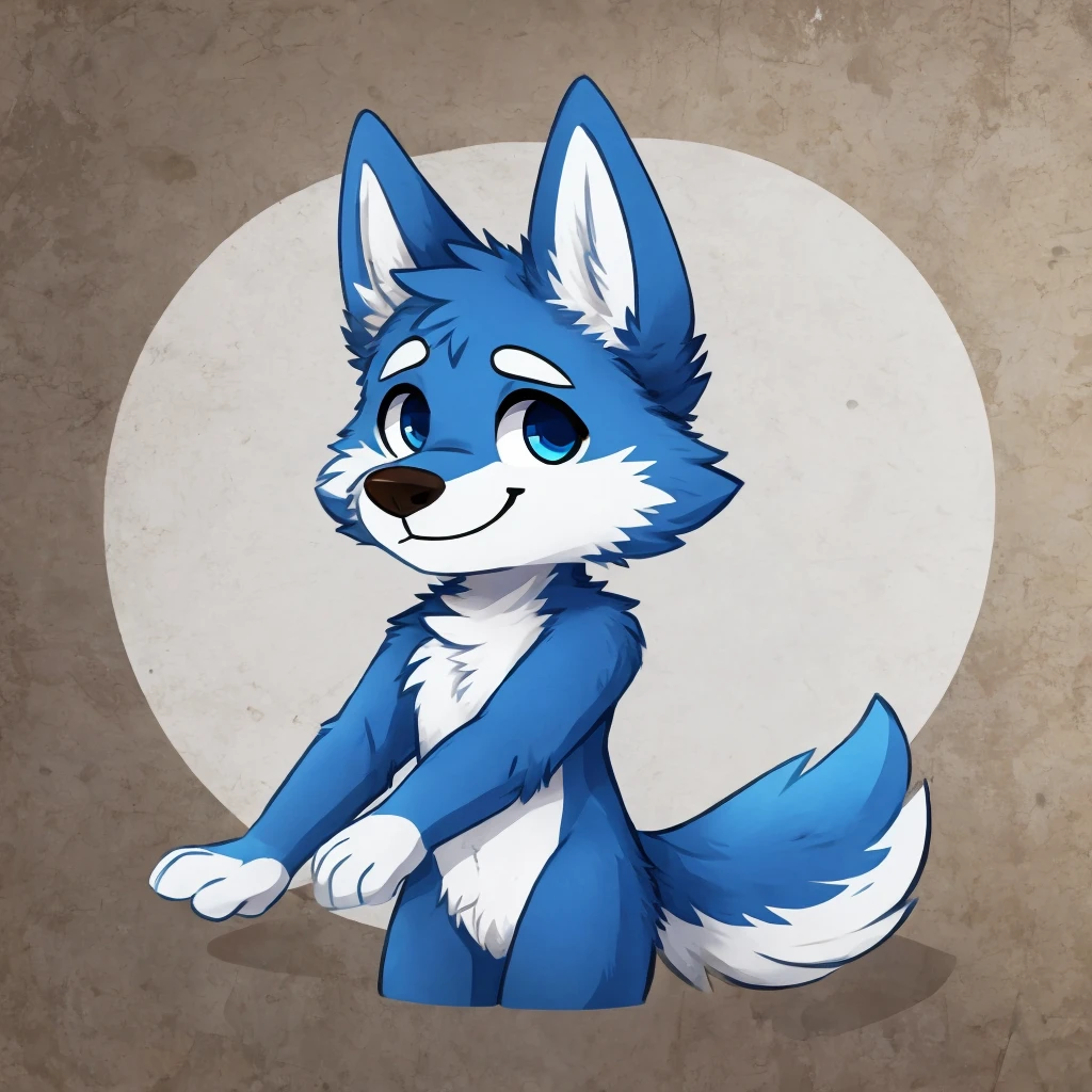 a cute and anthropomorphic blue colored fur wolf, closed smile, high quality furry art, chibi style, high quality fursona ref.