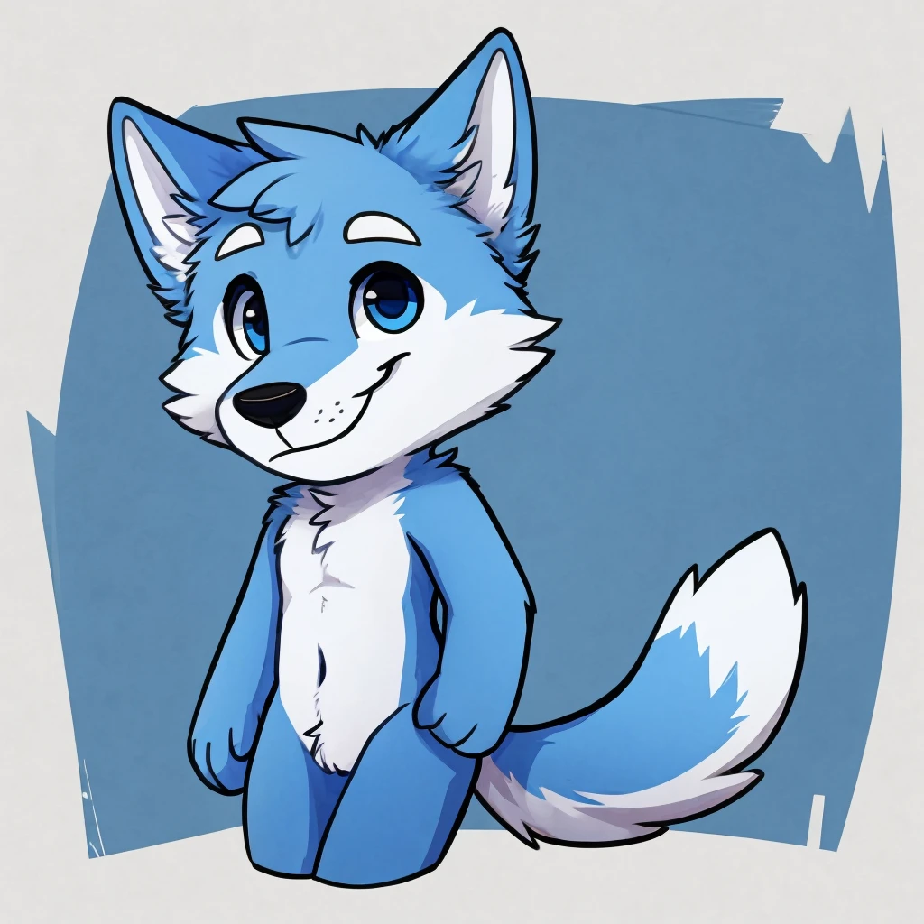 a cute and anthropomorphic blue colored fur wolf, closed smile, high quality furry art, chibi style, high quality fursona ref.