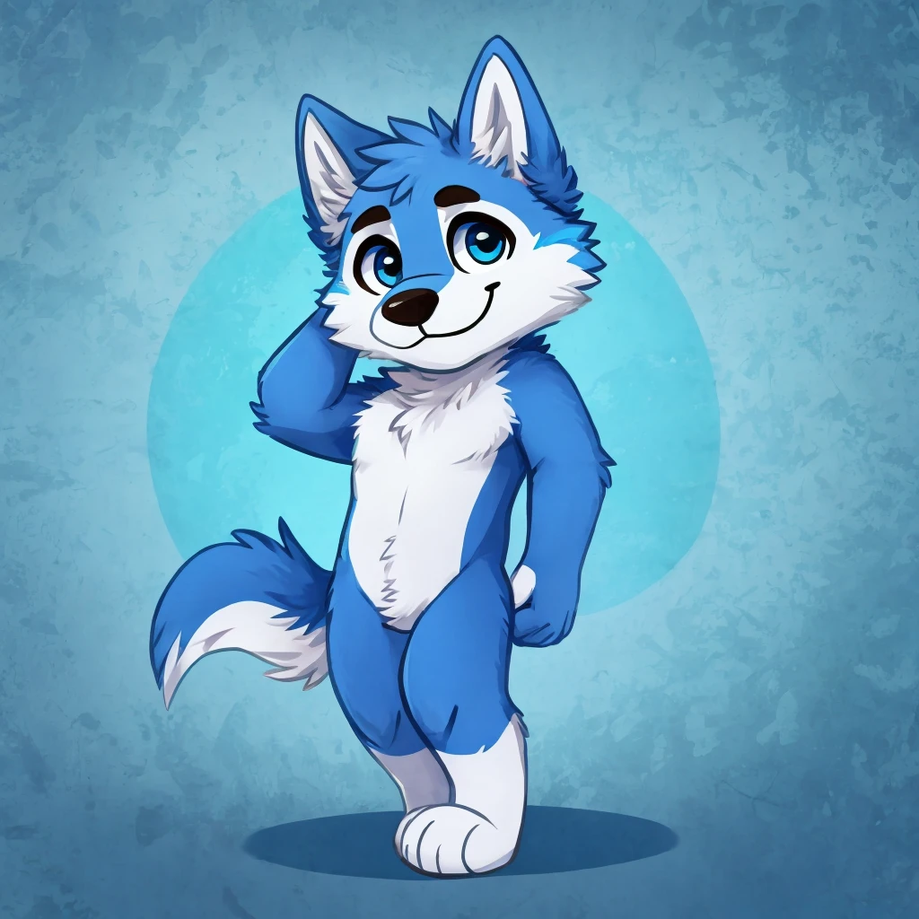 a cute and anthropomorphic blue colored fur wolf, closed smile, high quality furry art, chibi style, high quality fursona ref.