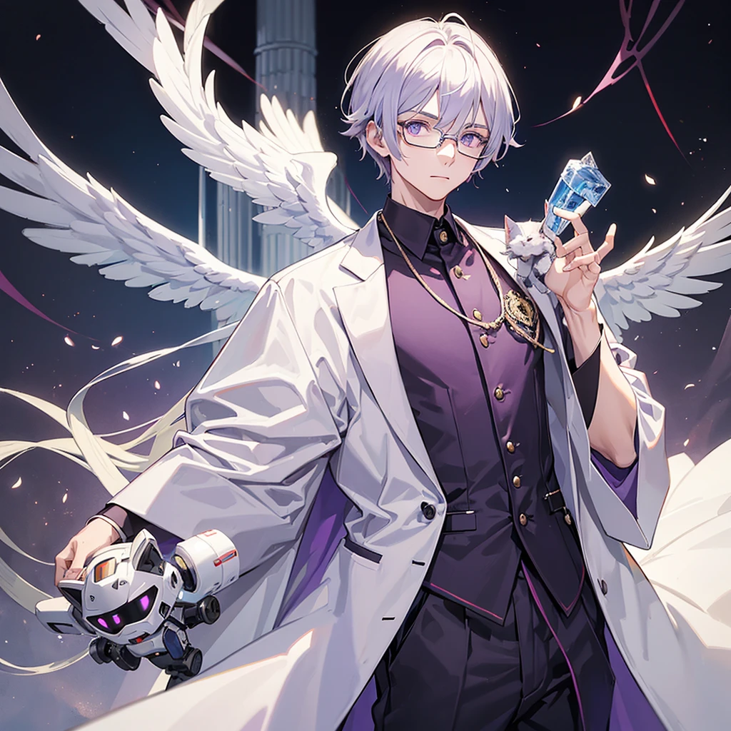 man aged 20, 1,90 tall, Angel Half Demon, wear glasses, purple eye color, offwhite, with a kitten robot next to it, usa um casaco preto com detalhe offwhite com o símbolo ômega