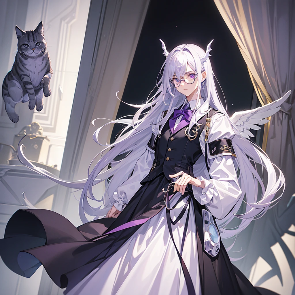 man aged 20, 1,90 tall, Angel Half Demon, wear glasses, purple eye color, offwhite, with a kitten robot next to it, usa um casaco preto com detalhe offwhite com o símbolo ômega